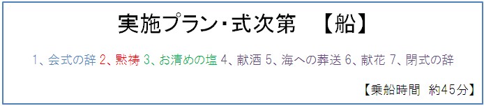 実施プラン・式次第【船】 1、会式の辞 2、黙祷 3、お清めの塩 4、献酒 5、海への葬送 7、閉式の辞 【乗船時間 約45分】
